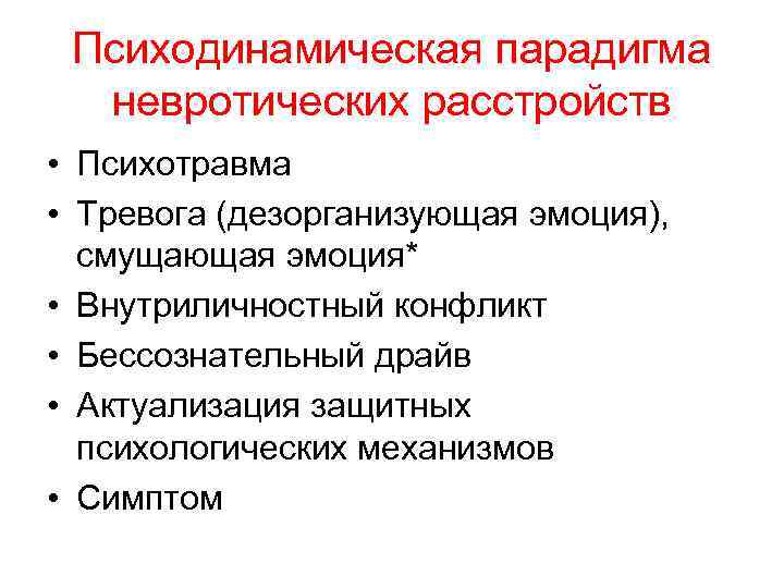 Психодинамическая парадигма невротических расстройств • Психотравма • Тревога (дезорганизующая эмоция), смущающая эмоция* • Внутриличностный