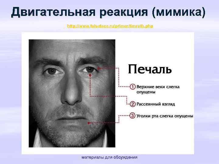 Двигательная реакция (мимика) http: //www. falseface. ru/primer/timroth. php материалы для обсуждения 