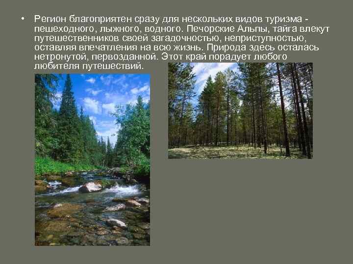  • Регион благоприятен сразу для нескольких видов туризма - пешеходного, лыжного, водного. Печорские