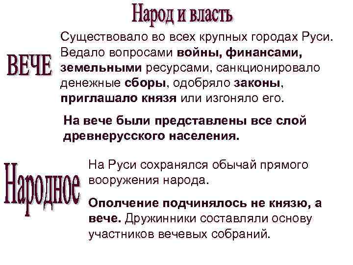 Существовало во всех крупных городах Руси. Ведало вопросами войны, финансами, земельными ресурсами, санкционировало денежные