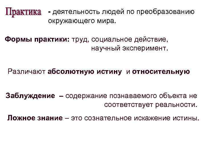 - деятельность людей по преобразованию окружающего мира. Формы практики: труд, социальное действие, научный эксперимент.