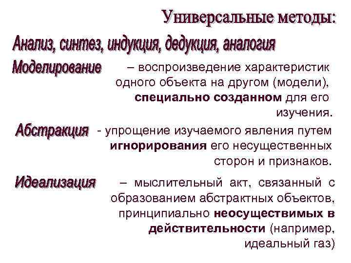 – воспроизведение характеристик одного объекта на другом (модели), специально созданном для его изучения. -