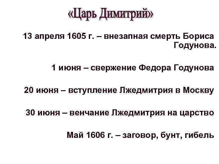 13 апреля 1605 г. – внезапная смерть Бориса Годунова. 1 июня – свержение Федора