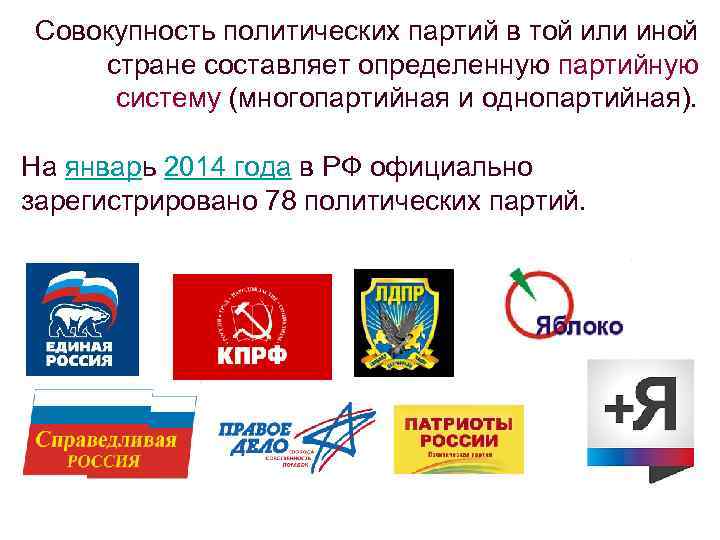 Совокупность политических партий в той или иной стране составляет определенную партийную систему (многопартийная и
