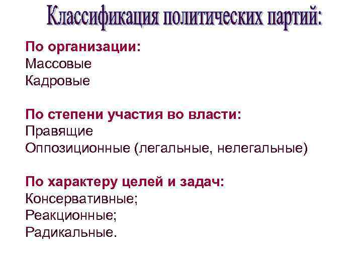 По организации: Массовые Кадровые По степени участия во власти: Правящие Оппозиционные (легальные, нелегальные) По