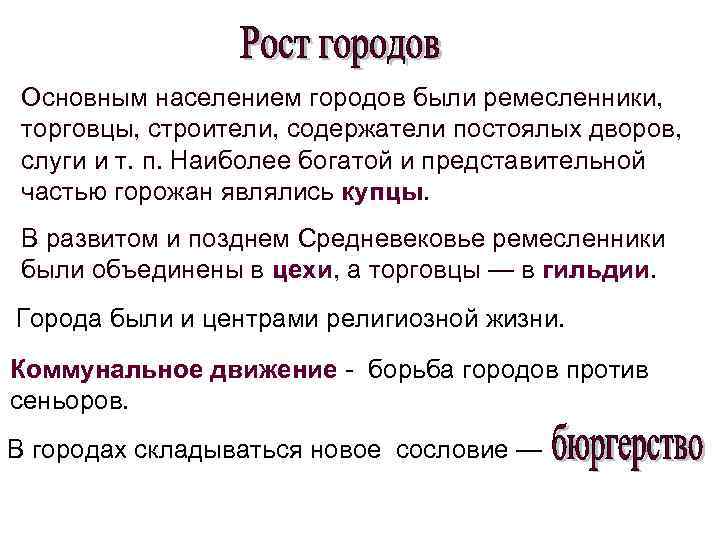 Основным населением городов были ремесленники, торговцы, строители, содержатели постоялых дворов, слуги и т. п.