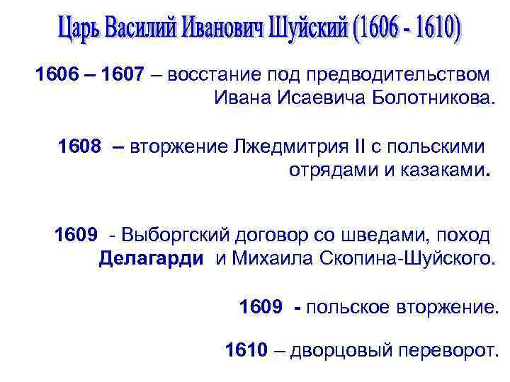 1606 – 1607 – восстание под предводительством Ивана Исаевича Болотникова. 1608 – вторжение Лжедмитрия