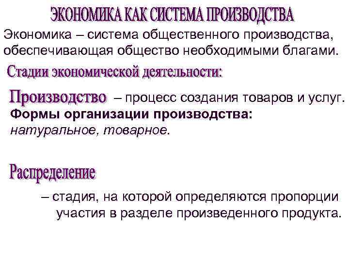 Экономика – система общественного производства, обеспечивающая общество необходимыми благами. – процесс создания товаров и