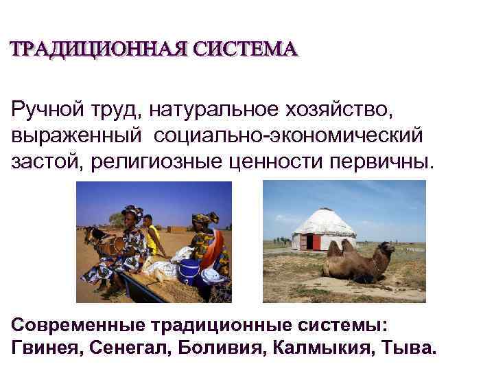 Ручной труд, натуральное хозяйство, выраженный социально-экономический застой, религиозные ценности первичны. Современные традиционные системы: Гвинея,