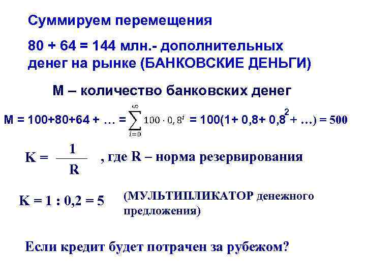 Суммируем перемещения 80 + 64 = 144 млн. - дополнительных денег на рынке (БАНКОВСКИЕ