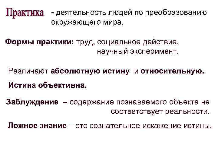   - деятельность людей по преобразованию   окружающего мира.  Формы практики: