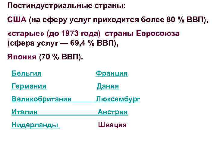 Постиндустриальные страны: США (на сферу услуг приходится более 80 % ВВП), «старые» (до 1973