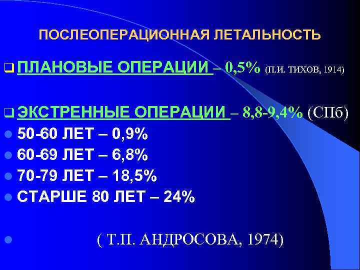 ПОСЛЕОПЕРАЦИОННАЯ ЛЕТАЛЬНОСТЬ q ПЛАНОВЫЕ ОПЕРАЦИИ – 0, 5% (П. И. ТИХОВ, 1914) q ЭКСТРЕННЫЕ