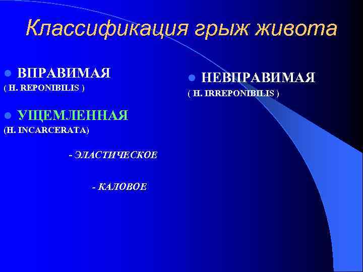 Классификация грыж живота l ВПРАВИМАЯ ( H. REPONIBILIS ) l l НЕВПРАВИМАЯ ( H.