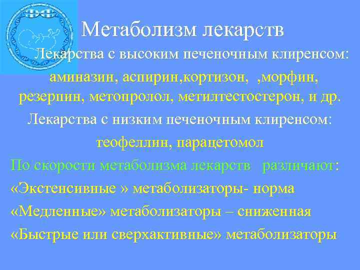  Метаболизм лекарств Лекарства с высоким печеночным клиренсом: аминазин, аспирин, кортизон, , морфин, резерпин,