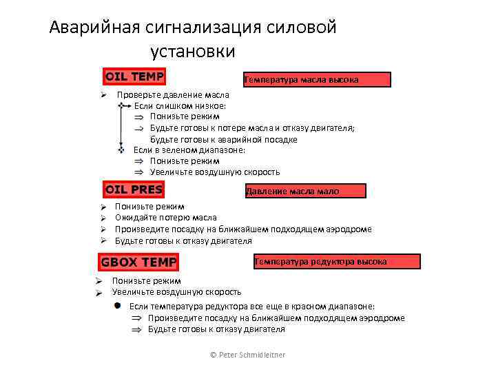 Аварийная сигнализация силовой установки Температура масла высока Проверьте давление масла Если слишком низкое: Понизьте