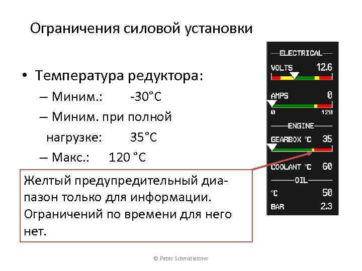 Ограничения силовой установки • Температура редуктора: – Миним. : -30°C – Миним. при полной