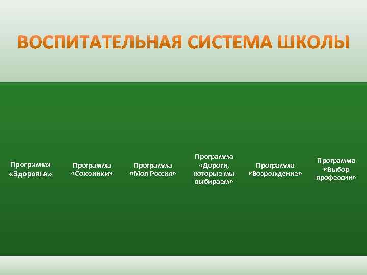 Программа «Здоровье» Программа «Союзники» Программа «Моя Россия» Программа «Дороги, которые мы выбираем» Программа «Возрождение»