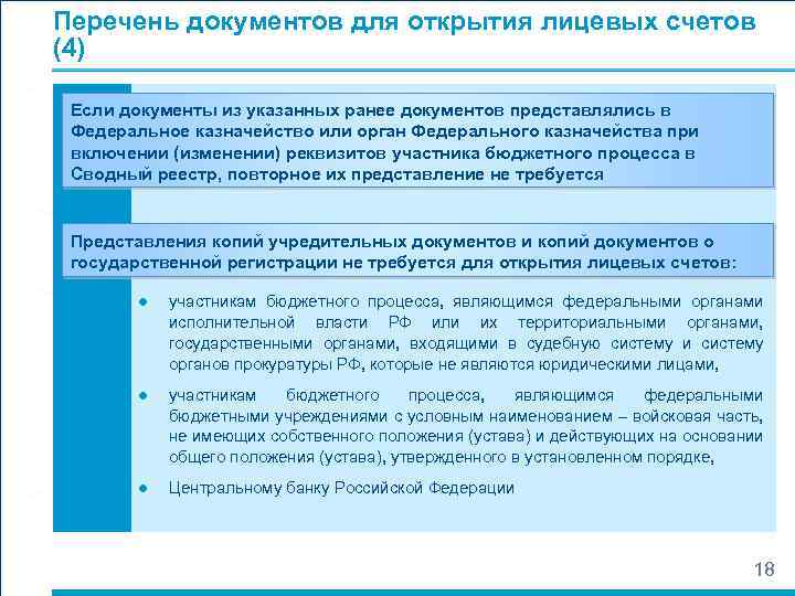 Перечень документов для открытия лицевых счетов (4) Если документы из указанных ранее документов представлялись