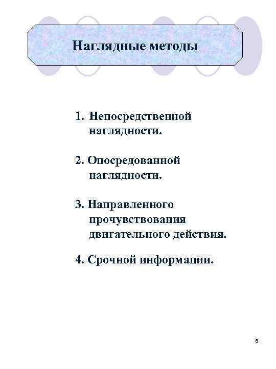 Наглядные методы 1. Непосредственной наглядности. 2. Опосредованной наглядности. 3. Направленного прочувствования двигательного действия. 4.