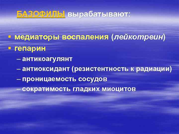БАЗОФИЛЫ вырабатывают: § медиаторы воспаления (лейкотреин) § гепарин – антикоагулянт – антиоксидант (резистентность к