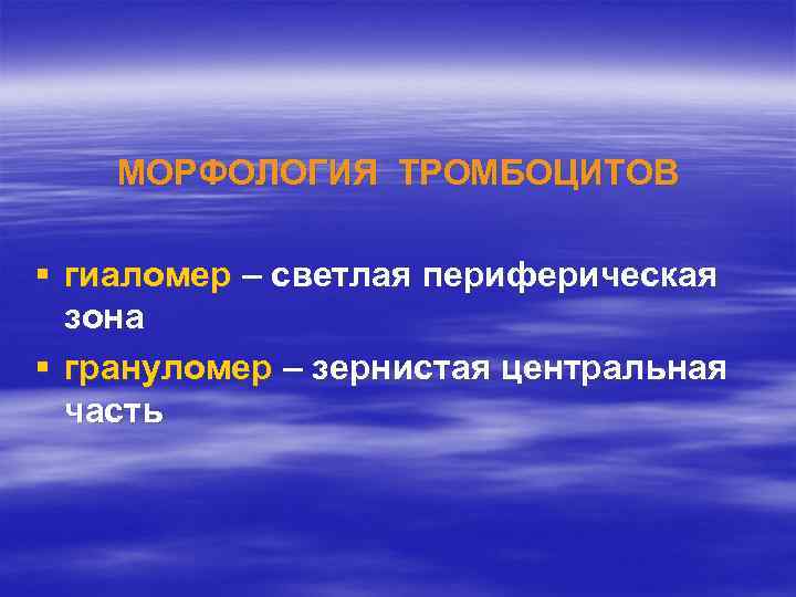 МОРФОЛОГИЯ ТРОМБОЦИТОВ § гиаломер – светлая периферическая зона § грануломер – зернистая центральная часть