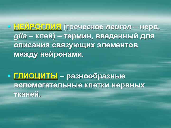 § НЕЙРОГЛИЯ (греческое neuron – нерв, glia – клей) – термин, введенный для описания