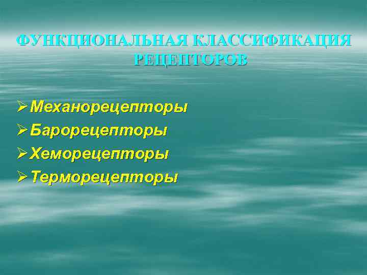 ФУНКЦИОНАЛЬНАЯ КЛАССИФИКАЦИЯ РЕЦЕПТОРОВ Ø Механорецепторы Ø Барорецепторы Ø Хеморецепторы Ø Терморецепторы 