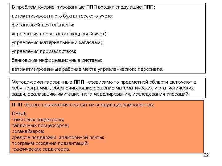 В проблемно-ориентированные ППП входят следующие ППП: автоматизированного бухгалтерского учета; финансовой деятельности; управления персоналом (кадровый