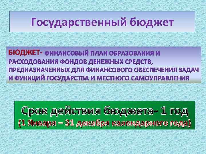 Государственный бюджет БЮДЖЕТ- Срок действия бюджета- 1 год (1 Января – 31 декабря календарного