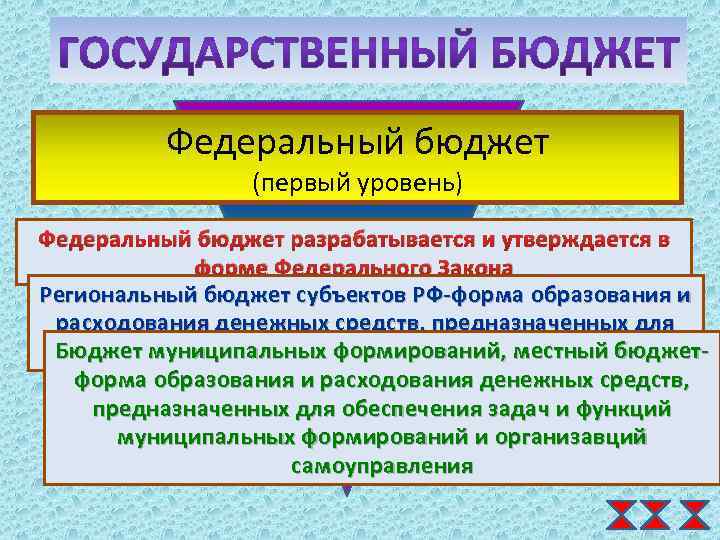 Федеральный бюджет (первый уровень) Федеральный бюджет разрабатывается и утверждается в Региональный бюджет форме субъектов