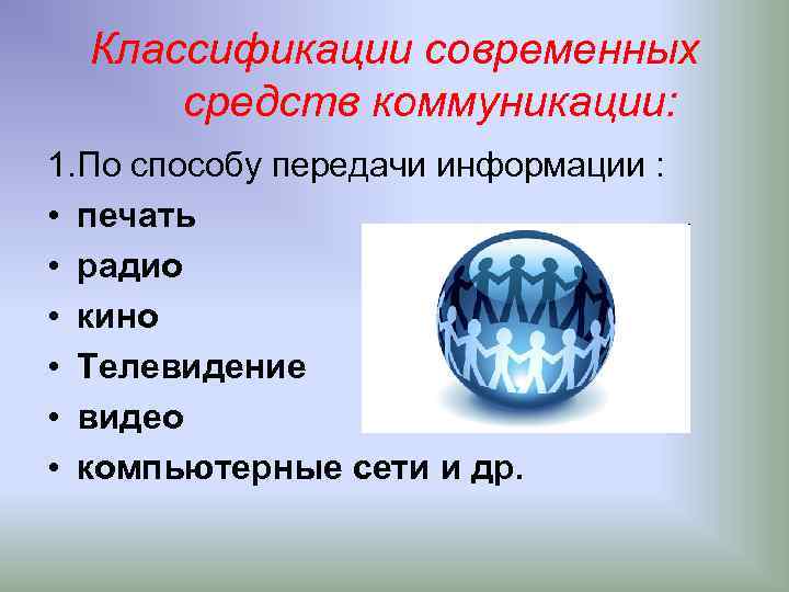 Классификации современных средств коммуникации: 1. По способу передачи информации : • печать • радио