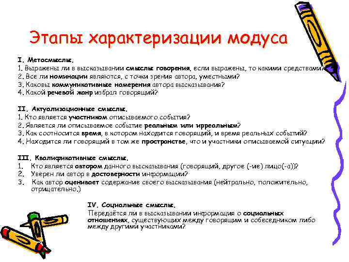 Этапы характеризации модуса I. Метасмыслы. 1. Выражены ли в высказывании смыслы говорения, если выражены,