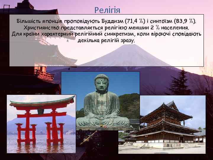 Релігія Більшість японців проповідують Буддизм (71, 4 %) і синтоїзм (83, 9 %). Християнство