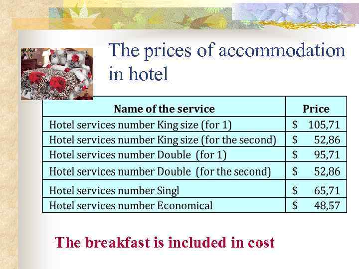  The prices of accommodation in hotel The breakfast is included in cost 