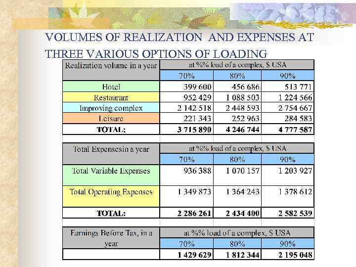  VOLUMES OF REALIZATION AND EXPENSES AT THREE VARIOUS OPTIONS OF LOADING 