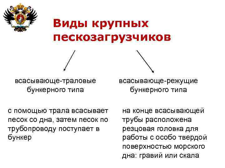Виды крупных пескозагрузчиков всасывающе-траловые бункерного типа с помощью трала всасывает песок со дна, затем