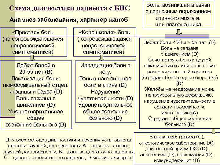 Схема диагностики пациента с БНС Анамнез заболевания, характер жалоб «Простая» боль (не сопровождающаяся неврологической