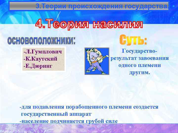 3. Теории происхождения государства. -Л. Гумплович -К. Каутский -Е. Дюринг Государстворезультат завоевания одного племени