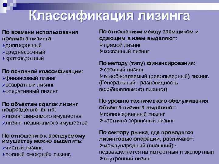 Классификация лизинга По времени использования предмета лизинга: Øдолгосрочный Øсреднесрочный Øкраткосрочный По отношениям между заемщиком