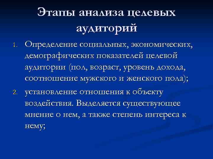 Этапы анализа целевых аудиторий 1. 2. Определение социальных, экономических, демографических показателей целевой аудитории (пол,