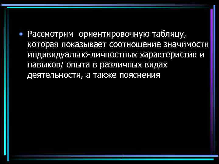  • Рассмотрим ориентировочную таблицу, которая показывает соотношение значимости индивидуально-личностных характеристик и навыков/ опыта