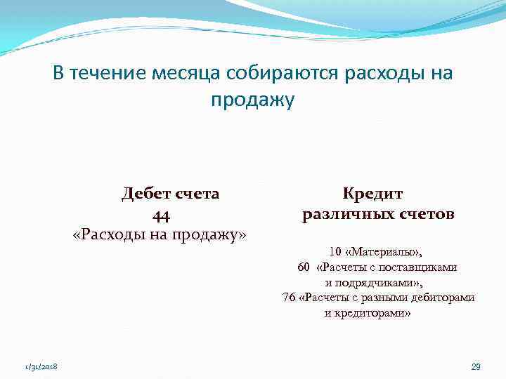В течение месяца собираются расходы на продажу Дебет счета 44 «Расходы на продажу» Кредит