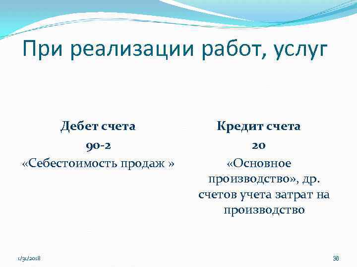 При реализации работ, услуг Дебет счета 90 -2 «Себестоимость продаж » 1/31/2018 Кредит счета