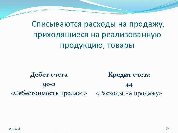 Списываются расходы на продажу, приходящиеся на реализованную продукцию, товары Дебет счета 90 -2 «Себестоимость