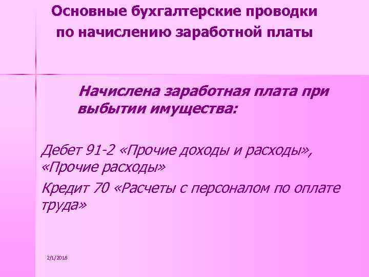 Основные бухгалтерские проводки по начислению заработной платы Начислена заработная плата при выбытии имущества: Дебет