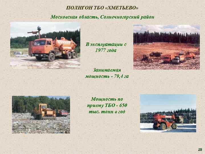 ПОЛИГОН ТБО «ХМЕТЬЕВО» Московская область, Солнечногорский район В эксплуатации с 1977 года Занимаемая мощность