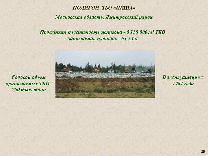 ПОЛИГОН ТБО «ИКША» Московская область, Дмитровский район Проектная вместимость полигона - 8 116 800