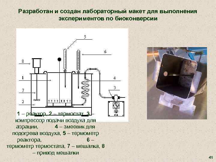 Разработан и создан лабораторный макет для выполнения экспериментов по биоконверсии 1 – реактор, 2