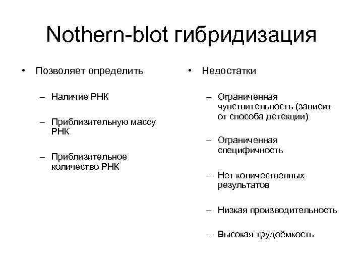 Nothern-blot гибридизация • Позволяет определить • Недостатки – Наличие РНК Nothern-blot гибридизация • Позволяет определить • Недостатки – Наличие РНК